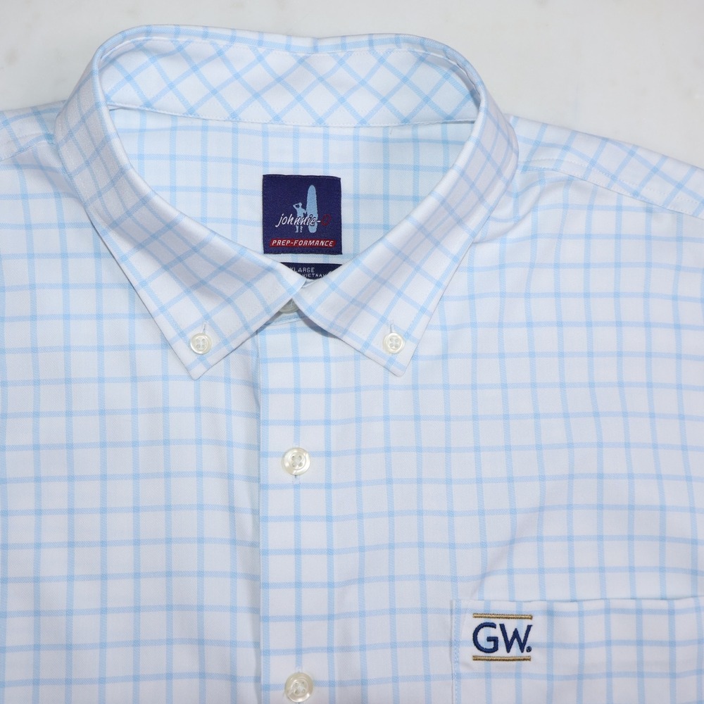 Johnnie-O Prep-Performance Shirt Mens XL Blue White Check GW Logo Long Sleeve